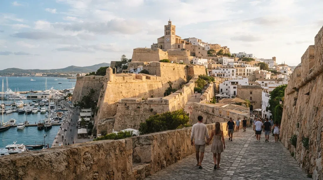 the Dalt Vila ramparts climbing toward Catedral de Santa María at late afternoon, warm stone glowing above the port and marina