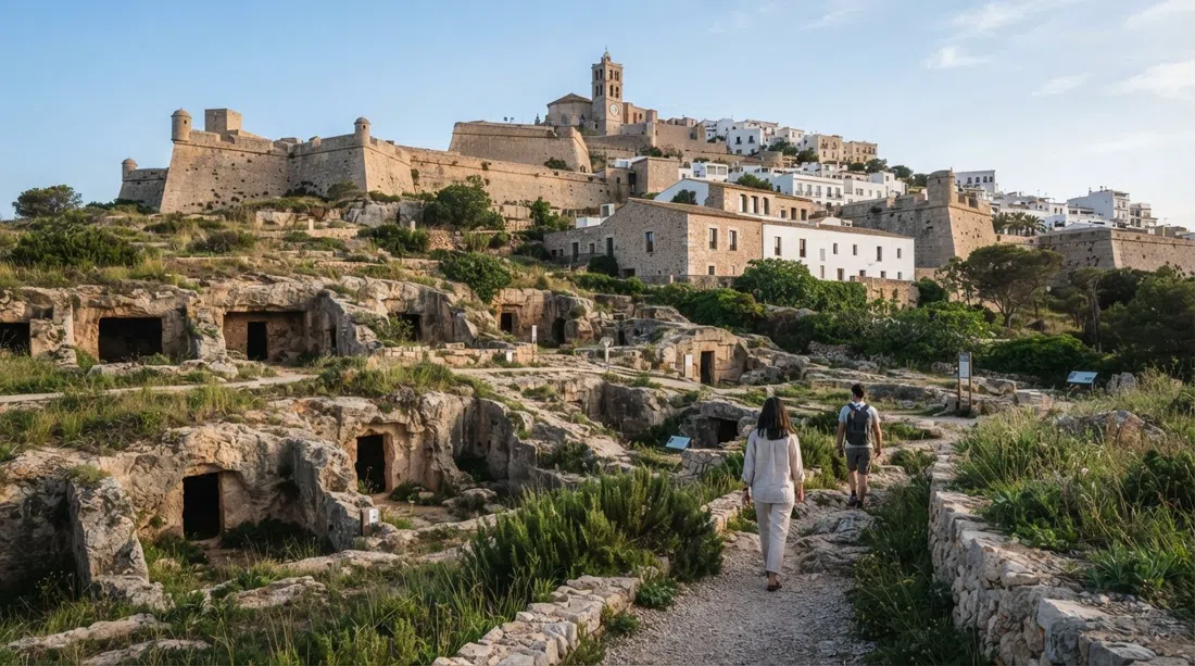 the Necropolis & Museum of Puig des Molins below Dalt Vila, with Phoenician–Punic tomb entrances and the hillside museum in soft morning light