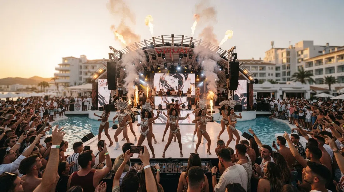 Ushuaïa Ibiza’s open-air pool-stage at golden hour, dancers and pyrotechnics framed against the hotel towers on Playa d'en Bossa
