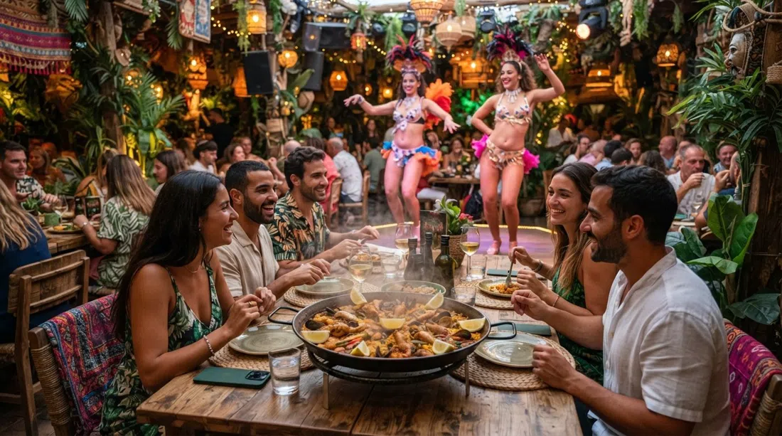 Zazú Ibiza’s jungle-themed dining room with cabaret lights, a wide pan of Valencian paella on the table and performers in the background