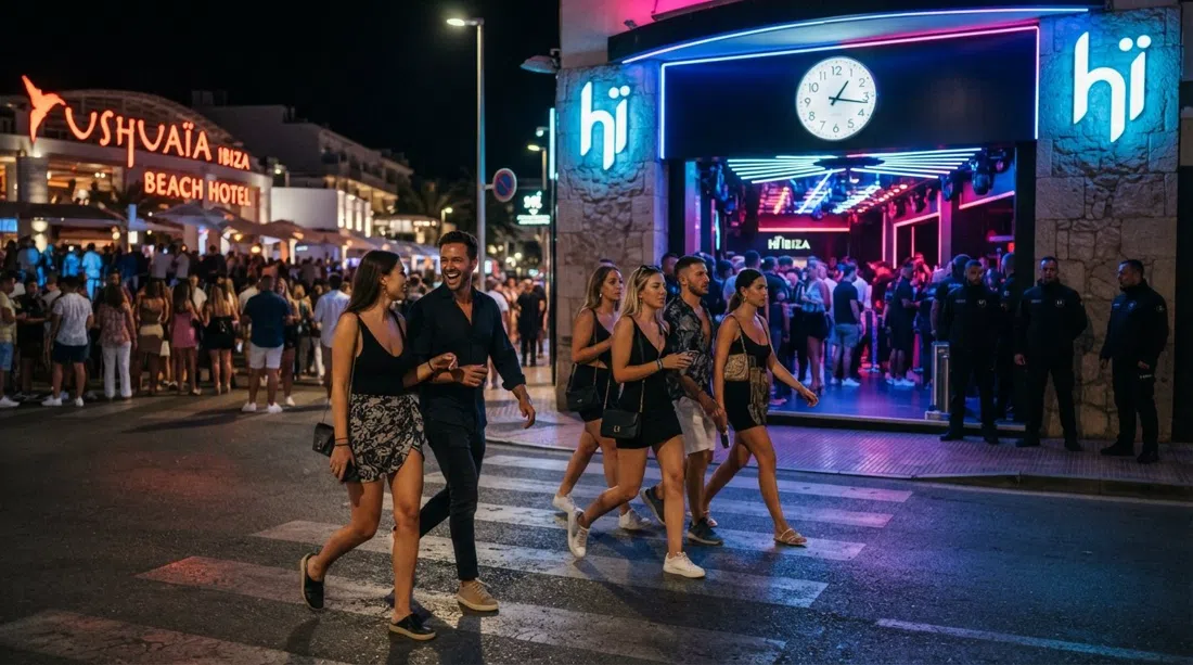 the entrance to Hï Ibiza after midnight, clubgoers crossing from Ushuaïa across the road under neon and streetlights