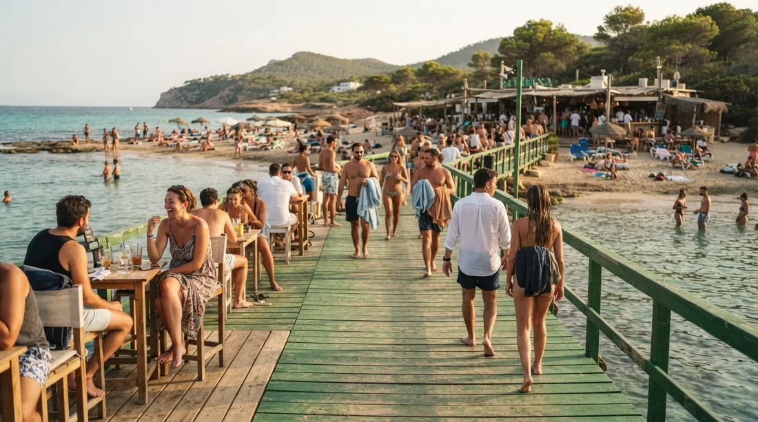 Sa Trinxa’s green wooden walkway over the water at Salinas, late-afternoon light and a laid-back beach-bar scene
