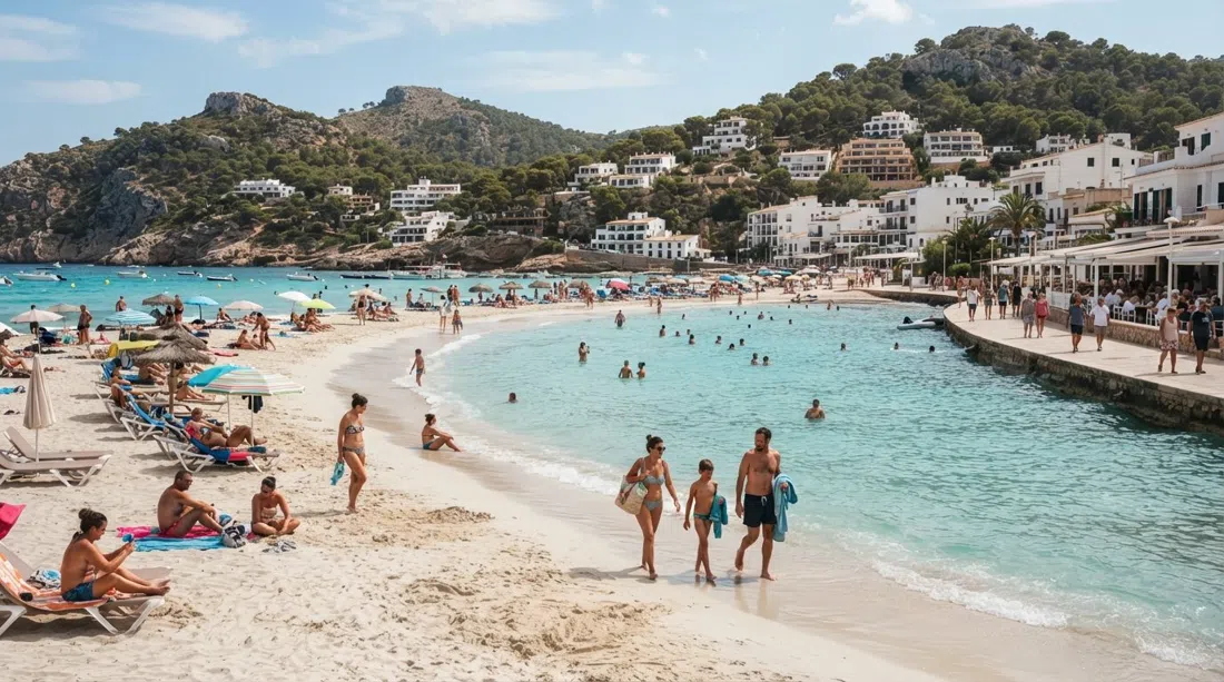 S'Arenal Gros in Portinatx on a bright summer afternoon, a broad crescent of white sand with shallow turquoise water, sunbeds and families along the promenade