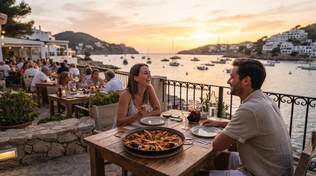 Jardín del Mar’s seafront terrace at sunset in Portinatx, tables set for paella and sangria looking over the bay as the sky turns gold