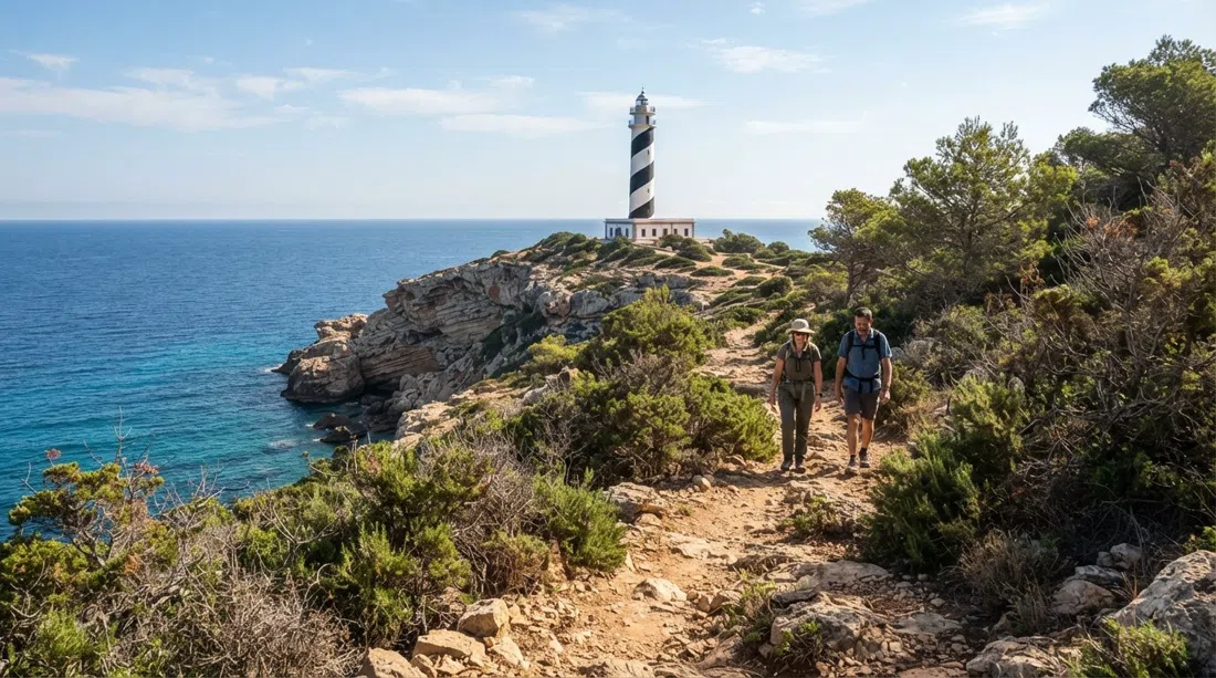 the coastal path to Punta des Moscarter lighthouse, rocky ground and pine scrub leading toward the black-spiralled tower in bright morning light