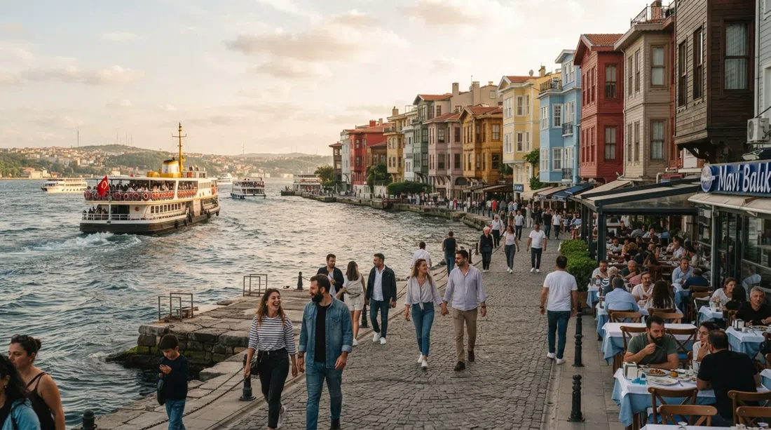 the Arnavutköy waterfront at late afternoon, painted yalı mansions and fish restaurants lining the shore road with ferries passing close by