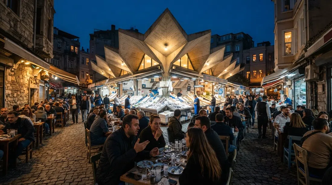 the triangular concrete canopy of Beşiktaş Fish Market at dusk, tavern tables filling the surrounding lanes and warm light pooling under the structure