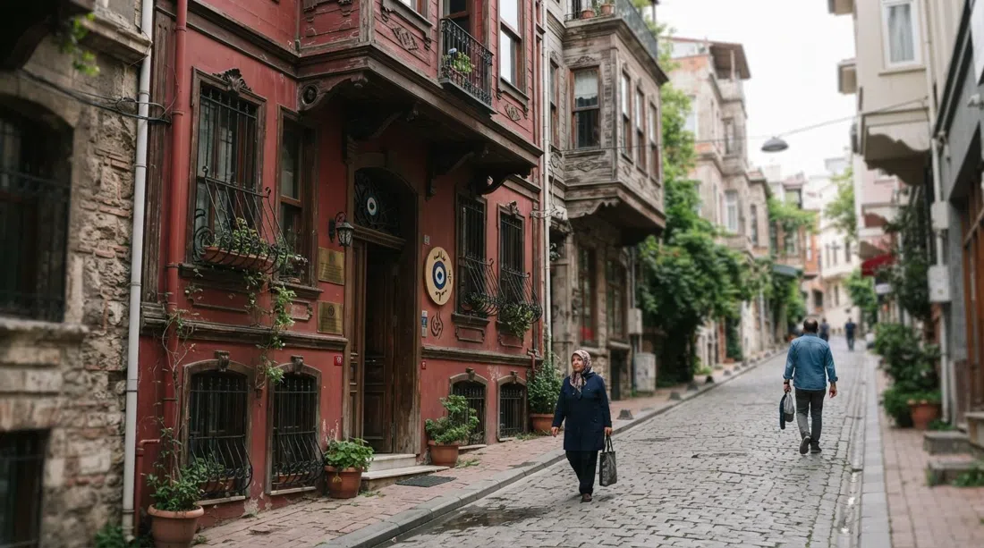 the Museum of Innocence townhouse in Çukurcuma, a narrow nineteenth-century façade with museum signage and a quiet lane in soft daylight