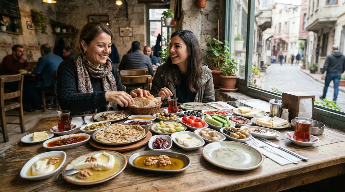 a long Van breakfast spread at Van Kahvaltı Evi, small plates of cheeses, kaymak with honey, murtuğa, olives, bread and tea packed onto a Cihangir café table