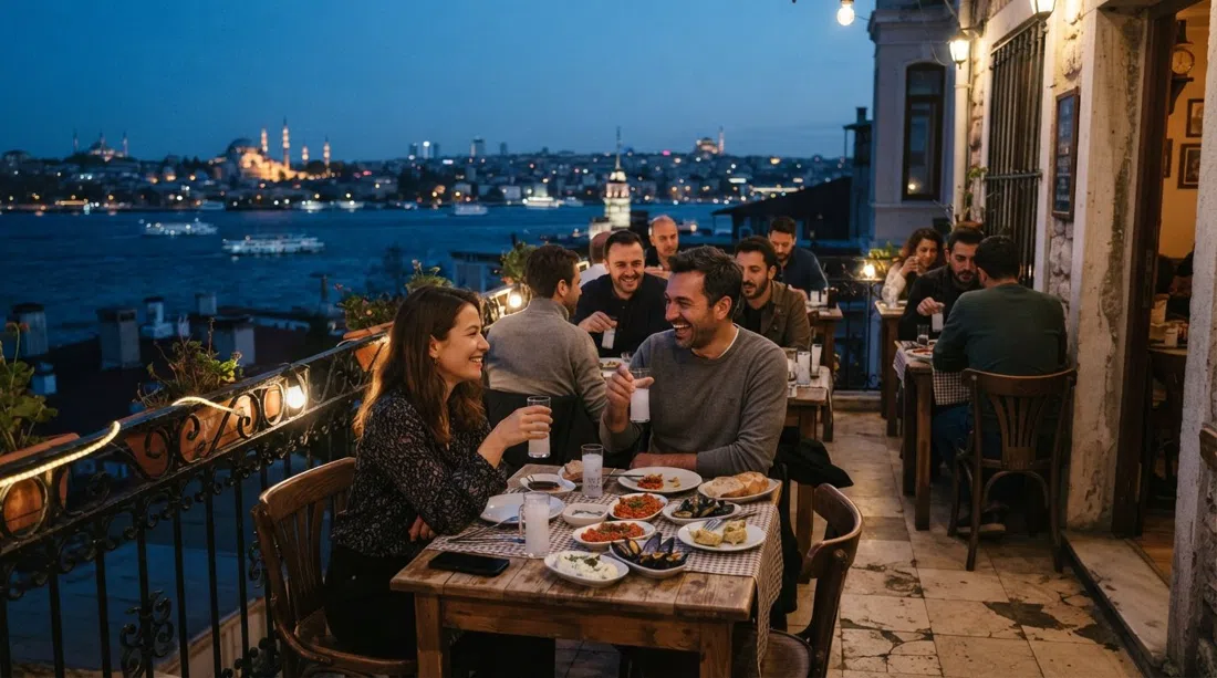 the tiny Bosphorus-view balcony at Demeti in Cihangir, four closely set tables with rakı glasses and meze plates at dusk