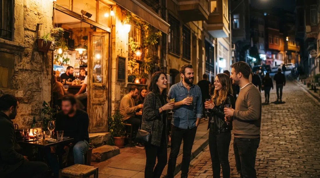 Geyik Coffee Roastery & Cocktail Bar on Akarsu Yokuşu at night, patrons standing on the curb with cocktails as warm light spills onto the street