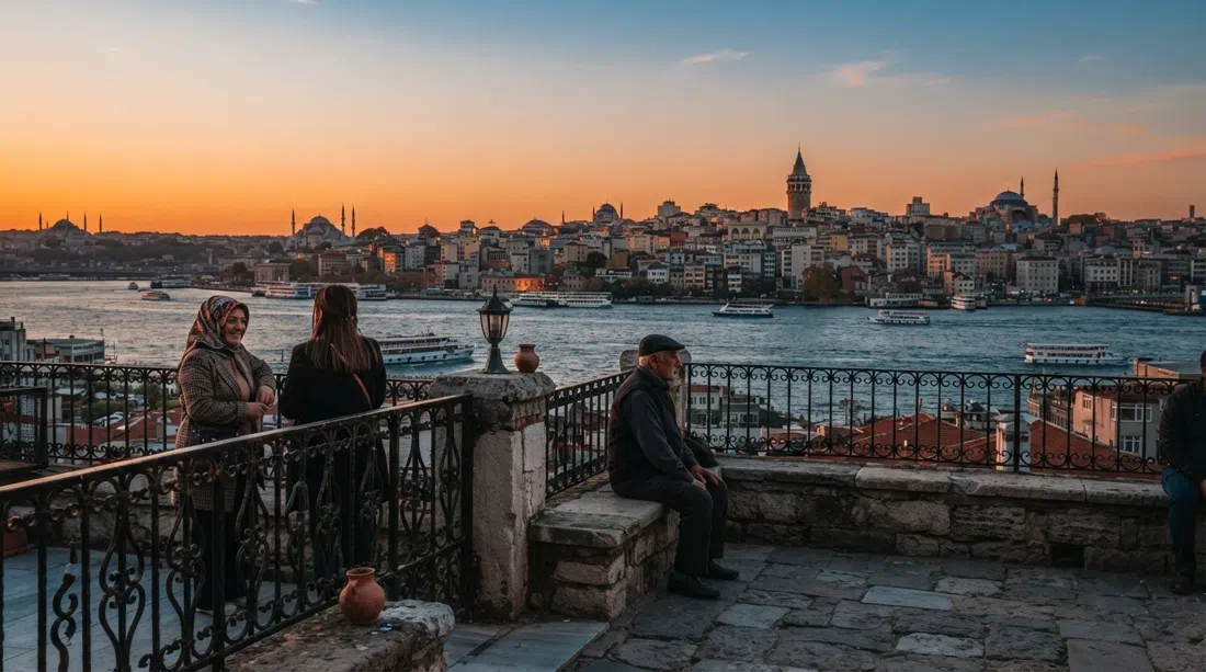 the garden terrace of Cihangir Mosque at sunset, Bosphorus and Galata Tower spread out beyond the stone terrace and railings