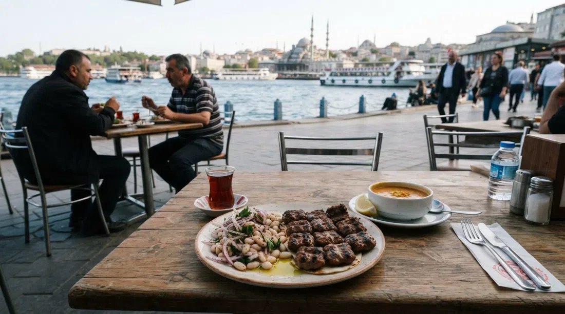 Köfteci Arnavut’s simple plate of square grilled köfte with piyaz and lentil soup on a no-nonsense table near the waterfront