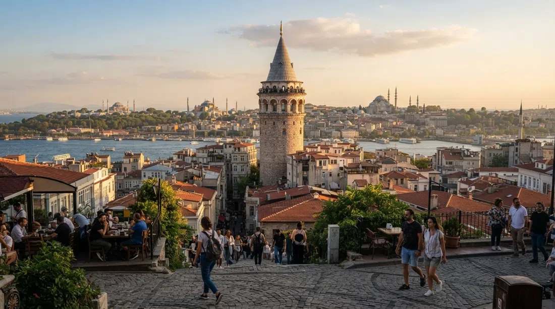 Galata Tower at golden hour, the 1348 Genoese stone cylinder rising above the surrounding rooftops with the old-city skyline and Golden Horn spread behind it