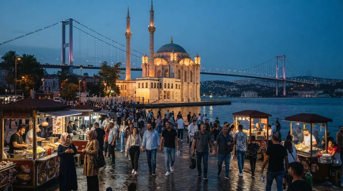 Ortaköy Mosque and the Bosphorus Bridge aligned behind it at dusk, the square below busy with pedestrians and kumpir stalls