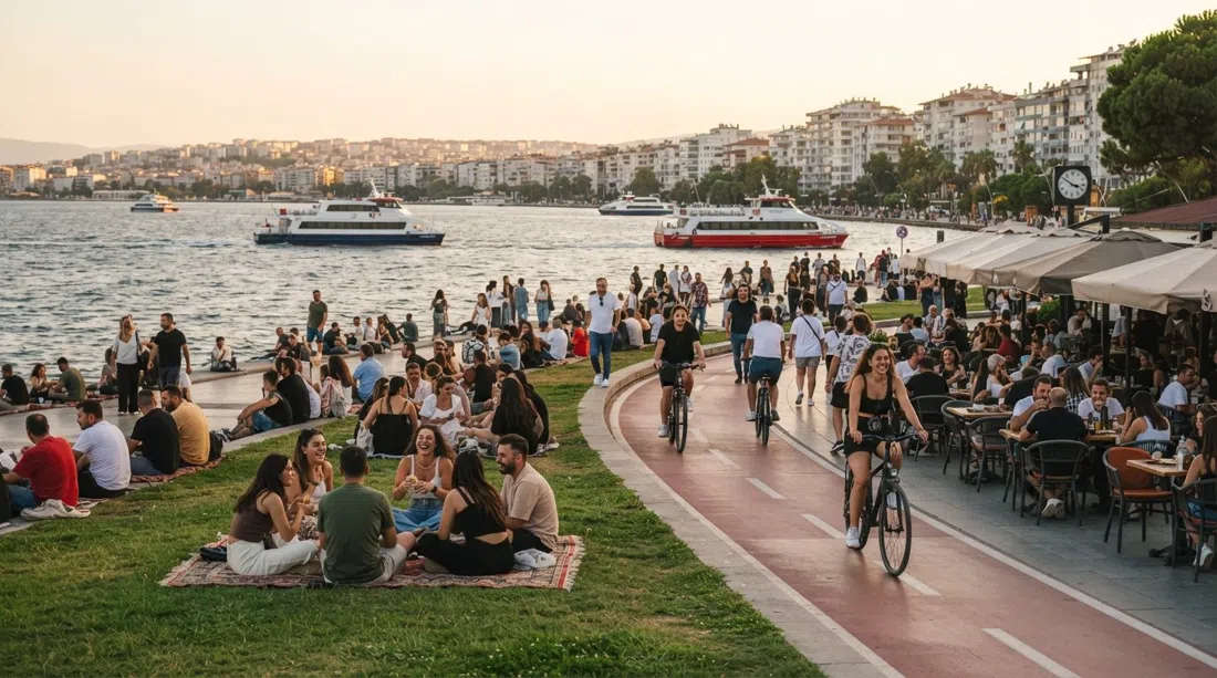 the Kordon seafront promenade in Alsancak at golden hour, grass strip full of people facing the bay, ferries crossing toward Karşıyaka, café tables and the cycle path in frame