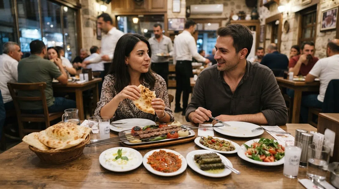 a table at Tavacı Recep Usta on Atatürk Caddesi, lamb kebabs, complimentary meze plates and warm bread laid out in a busy dining room at dinner