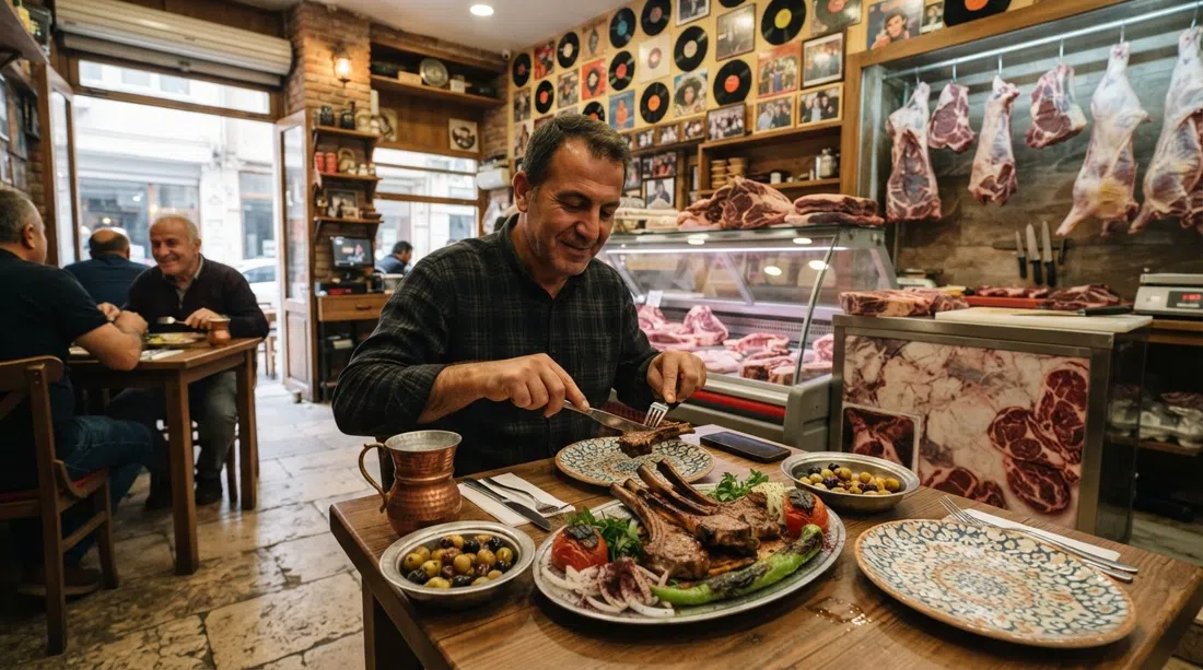 the back room of Kasap Fuat on 1438 Sokak, dry-aged steaks on display near the butcher counter, vinyl records on the wall, grilled lamb ribs served in a warm restaurant interior