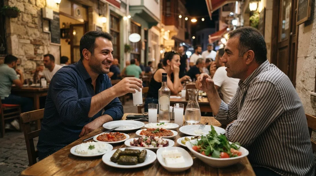 rakı and meze at Hayyam on Gazi Kadın Sokağı, cold and hot plates on a crowded table under low evening light, classic meyhane atmosphere