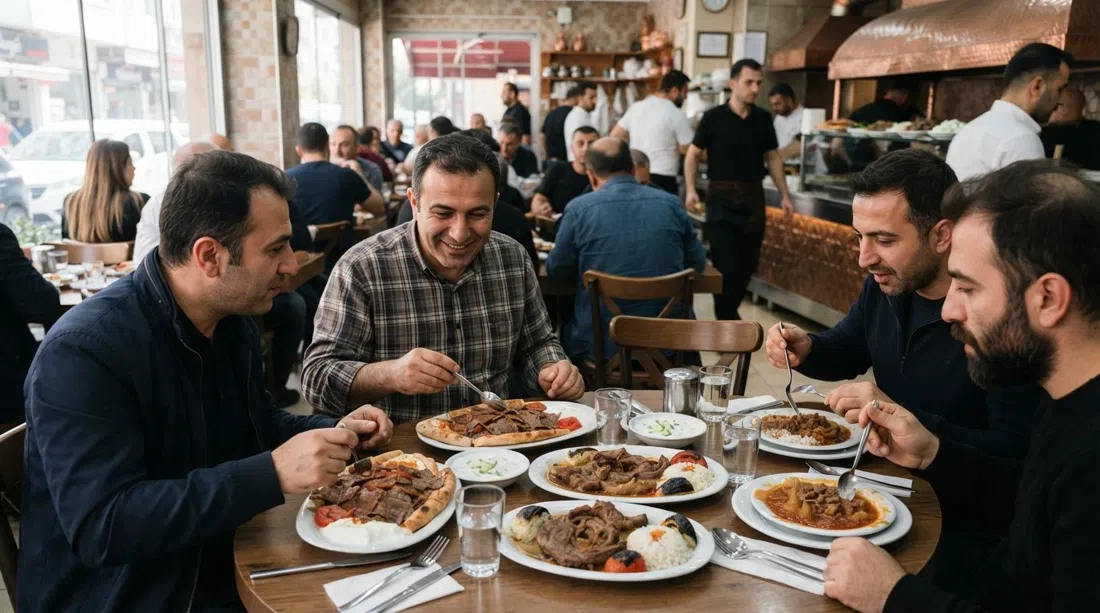 a busy lunch hour inside Zaim Usta in Bornova, with plates of döner, lamb neck, onion stew and rice pilaf on crowded tables