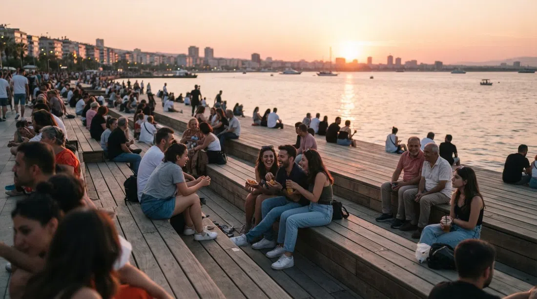 Bostanlı Sunset Lounge on the seafront at golden hour, cascading ash-wood steps filled with locals facing west across the bay