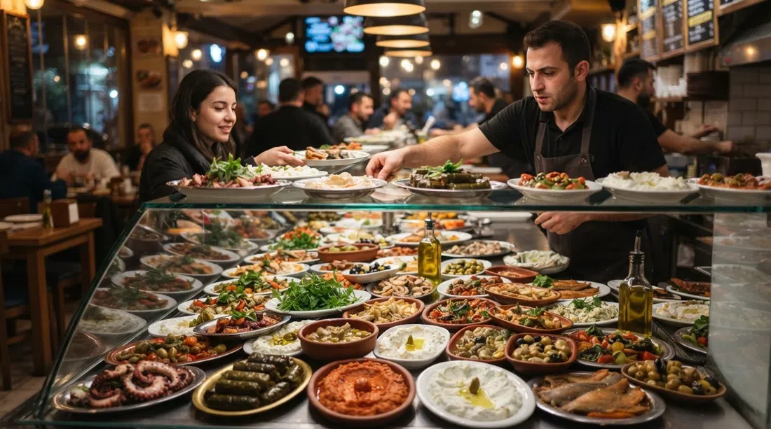 the meze counter at Bostanlı Ayvalık Balıkçısı, crowded with cold plates, octopus dishes and fish selections under warm restaurant lighting