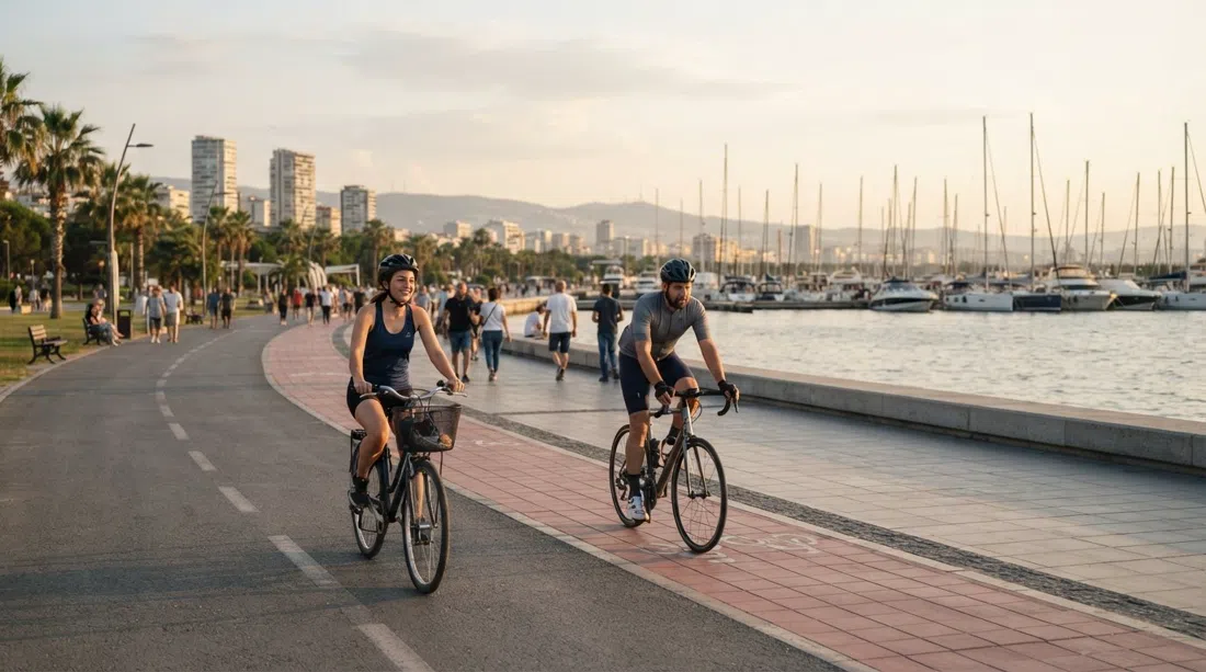 cyclists on the Bostanlı–Mavişehir coastal cycle path beside the seafront park, flat promenade and marina light in late afternoon