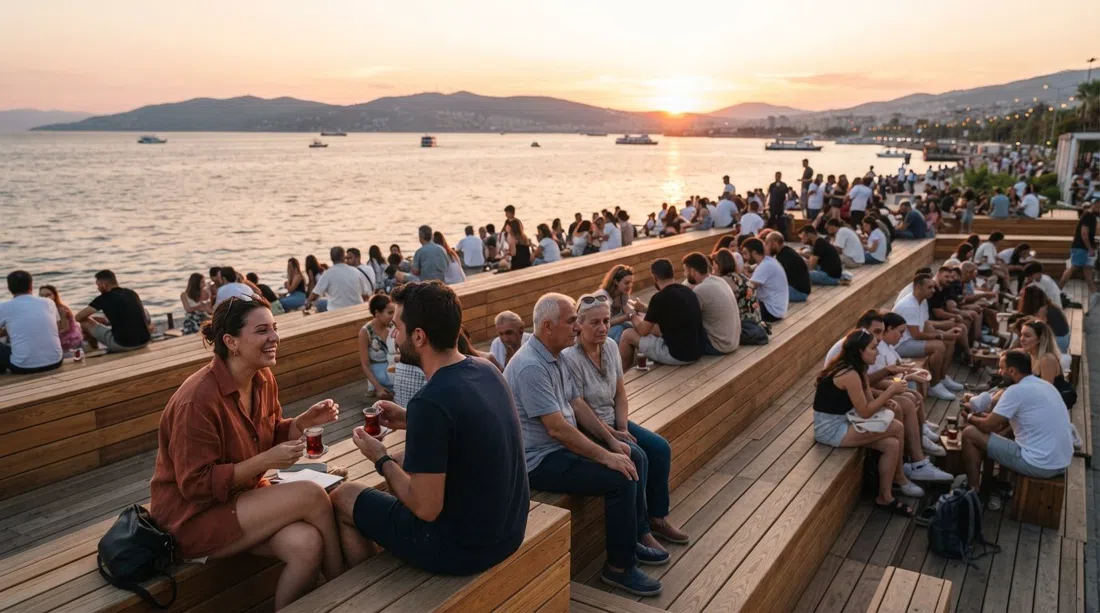 Bostanlı Sunset Lounge at golden hour, cascading ash-wood terraces filled with locals facing the Gulf of İzmir as the sun drops behind the hills