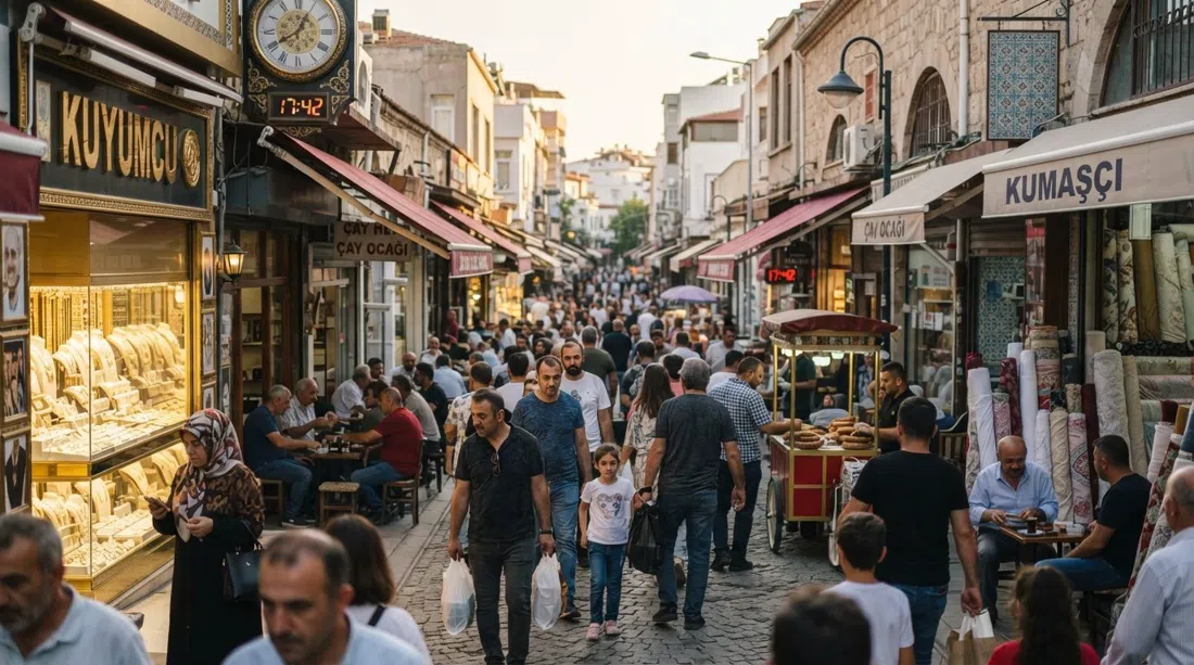Karşıyaka Çarşısı on Kemal Paşa Caddesi, crowded pedestrian blocks with gold shops, fabric sellers, tea houses and food carts in late afternoon light