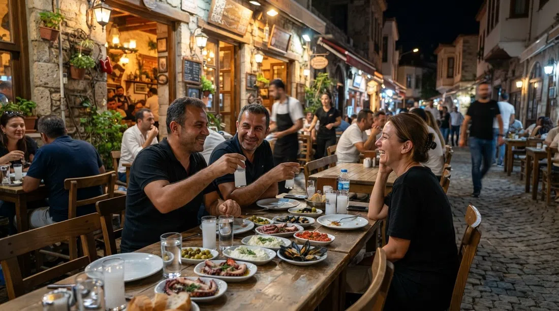 Bostanlı Meyhanesi on 6352 Sokak at night, tables laid for rakı and meze with octopus, small plates and warm interior light