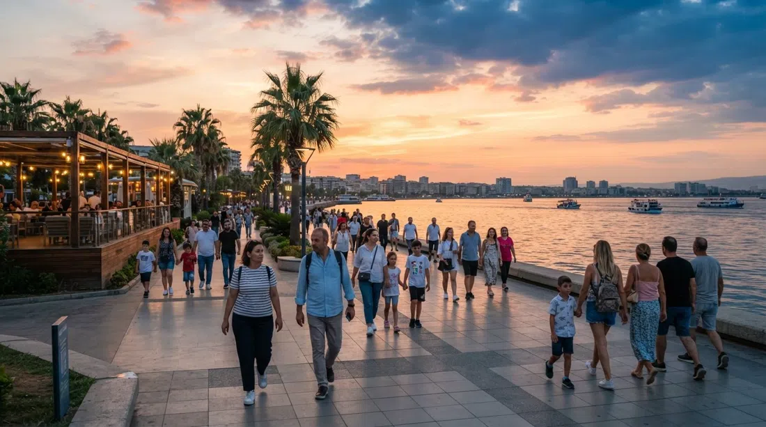 the west-facing promenade in Karşıyaka at sunset, locals walking toward Bostanlı Sunset Lounge beside the Gulf of İzmir