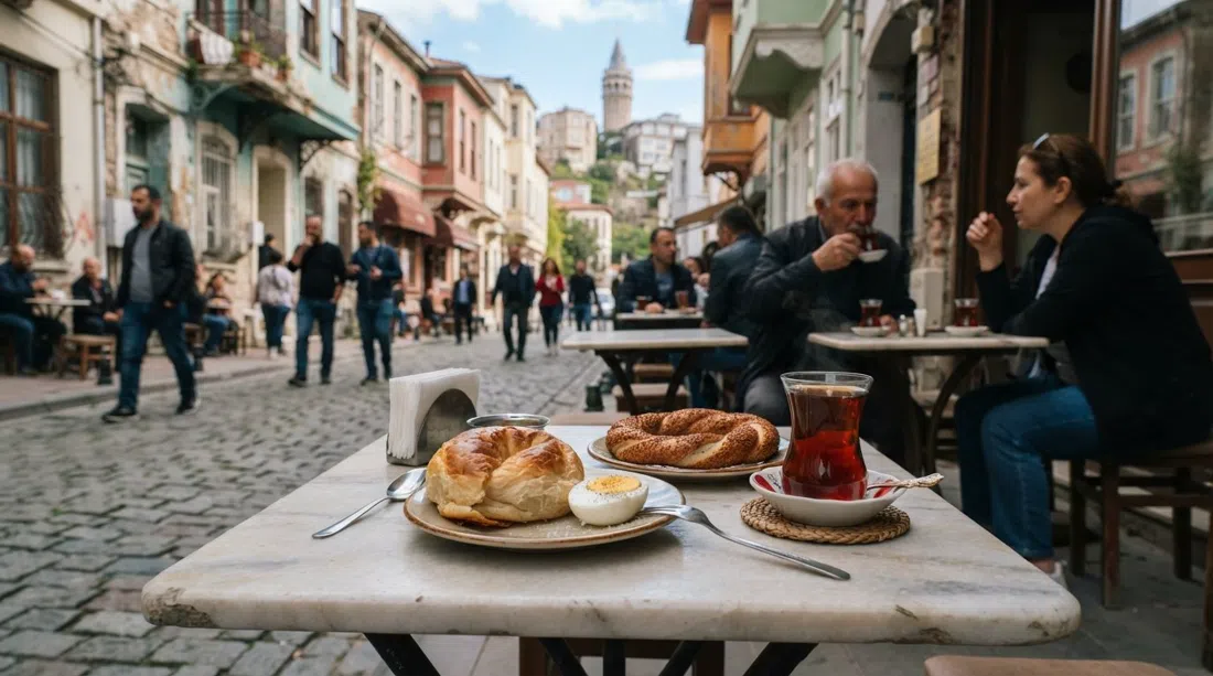warm boyoz and a boiled egg on a small café table in Karataş, with sesame gevrek and a glass of tea beside them