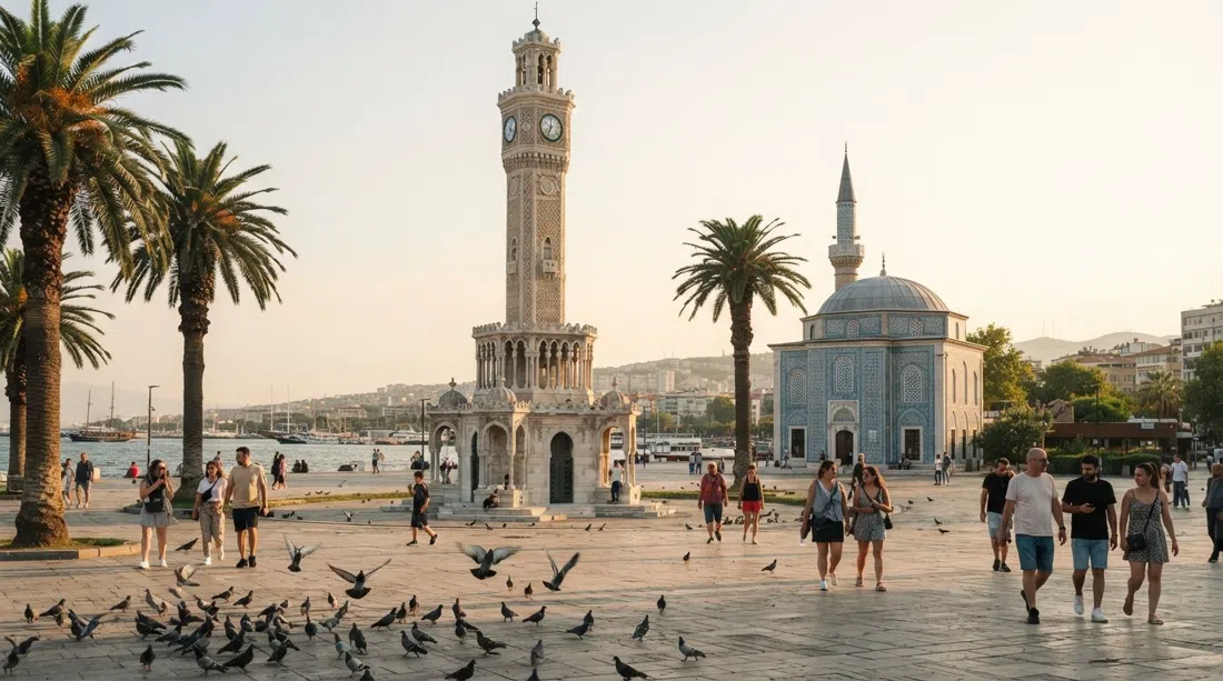 İzmir Clock Tower on Konak Square at late afternoon, palm trees and pigeons in the foreground, the tile-clad Yalı Mosque just beside it