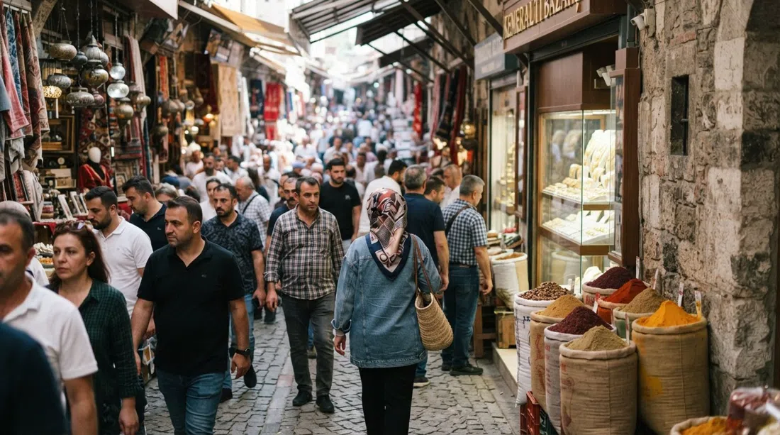 A crowded Kemeraltı bazaar lane in midday light, spice sacks leaning against jeweller windows and shoppers threading through numbered streets