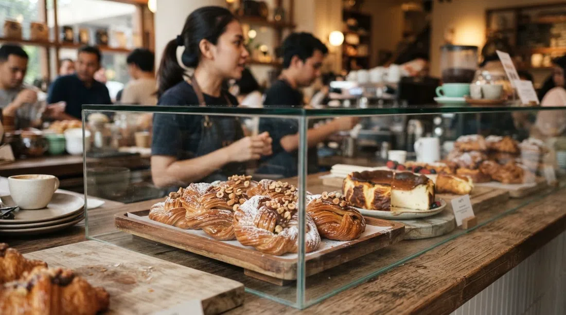 the ribbon-shaped hazelnut viennoiserie and Basque cheesecake at KNOTS, close-up pastry counter shot with warm bakery light