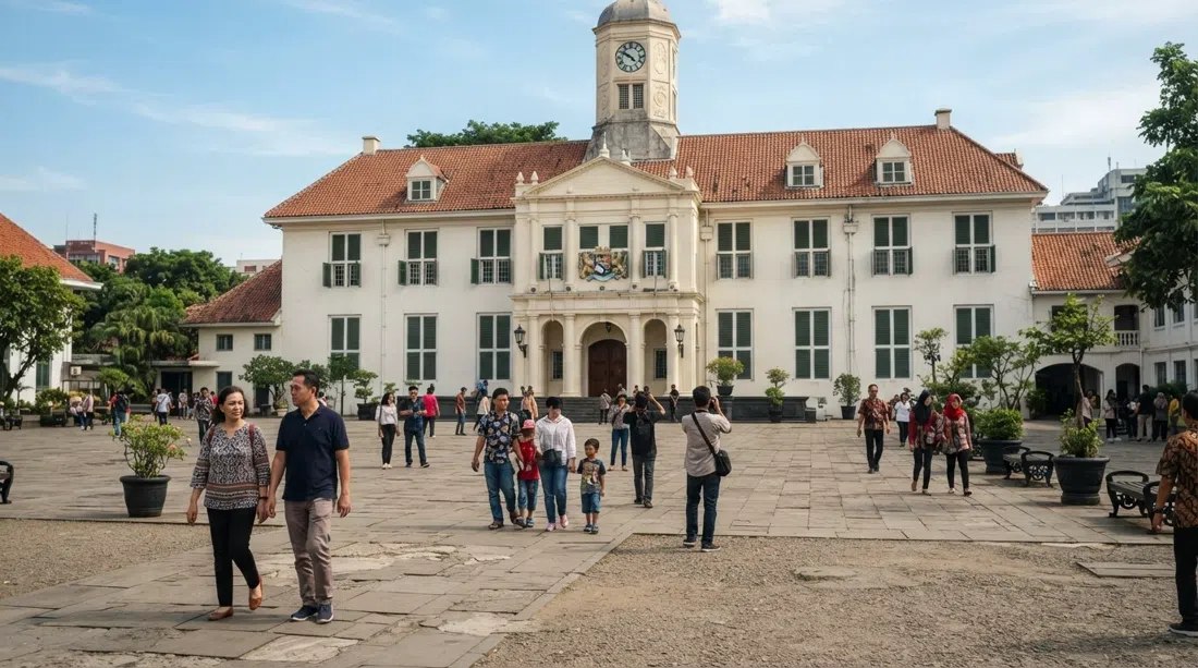 the Jakarta History Museum courtyard in Kota Tua, with the 1710 Stadhuis facade, pale stone paving and visitors moving through the open central space