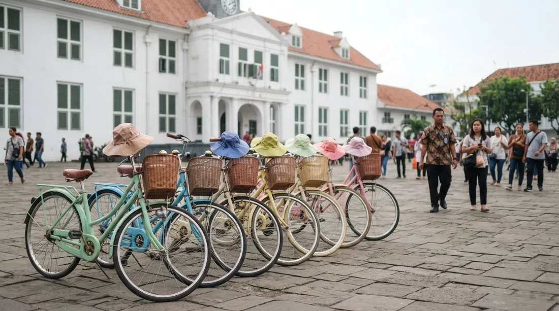 pastel ontel bicycles with matching floppy sun hats lined up near the Jakarta History Museum, ready for hire in Kota Tua