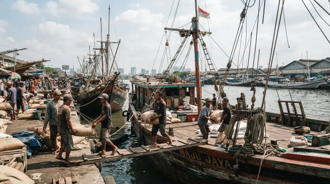 wooden pinisi schooners loading cargo by hand at Sunda Kelapa Harbour, with rigging, timber hulls and port workers under a bright Jakarta sky
