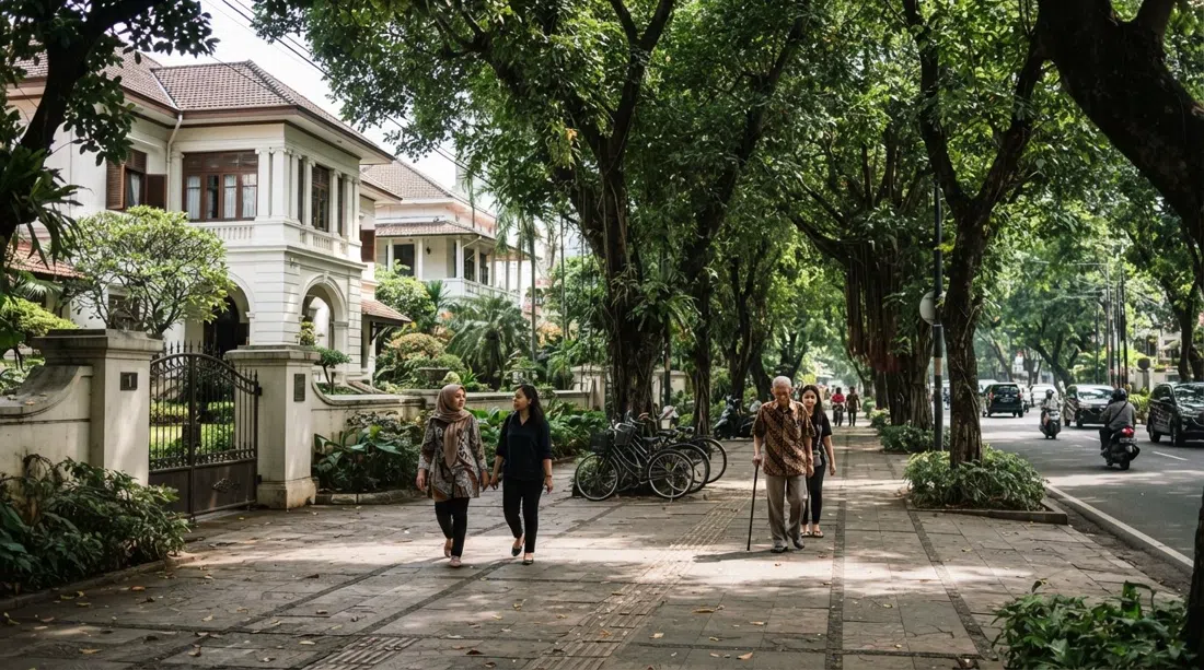 shaded Jalan Imam Bonjol in Menteng at morning, wide pavements, colonial-era villas set back behind walls and tall roadside trees