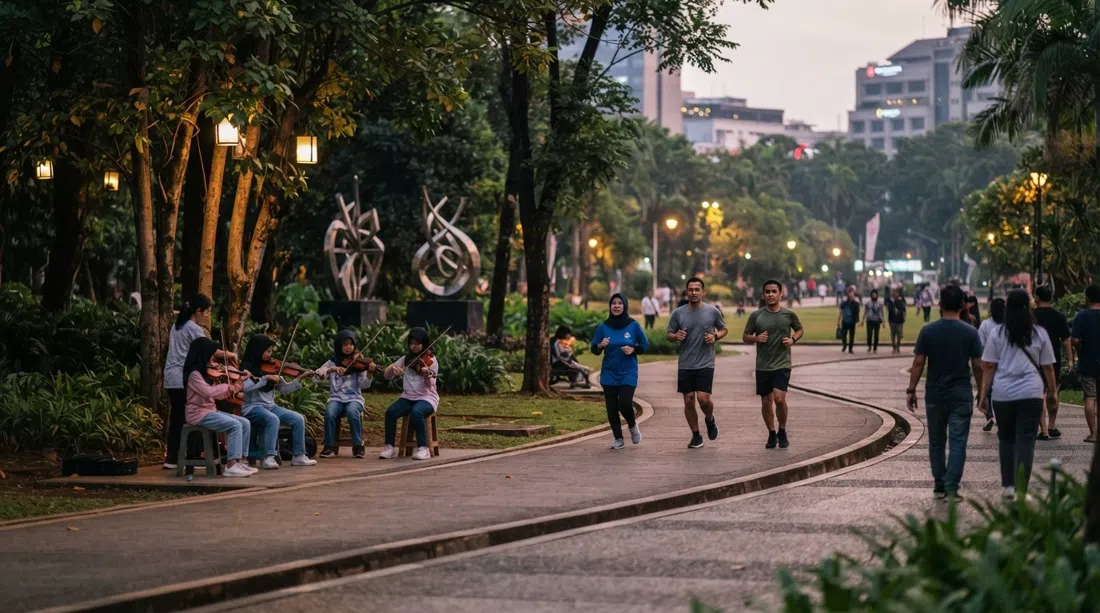Taman Suropati at dusk, joggers circling the path, ASEAN peace sculptures and a small cluster of violin students under the trees