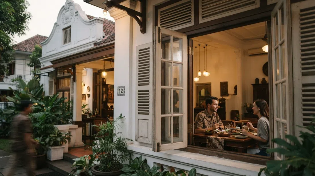 Kaum in a Dutch bungalow on Kusuma Atmaja, evening light on the heritage facade with a refined Indonesian table setting inside