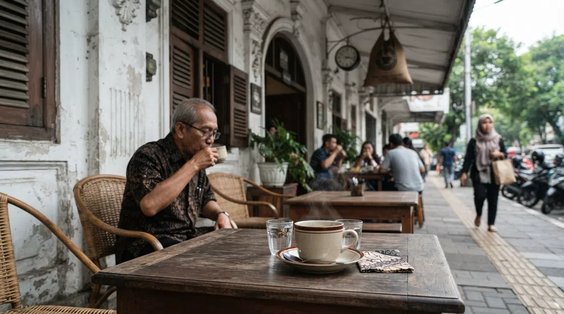 Bakoel Koffie on Cikini Raya, colonial ruko frontage and a cup of Toraja coffee on a wooden table in soft daylight