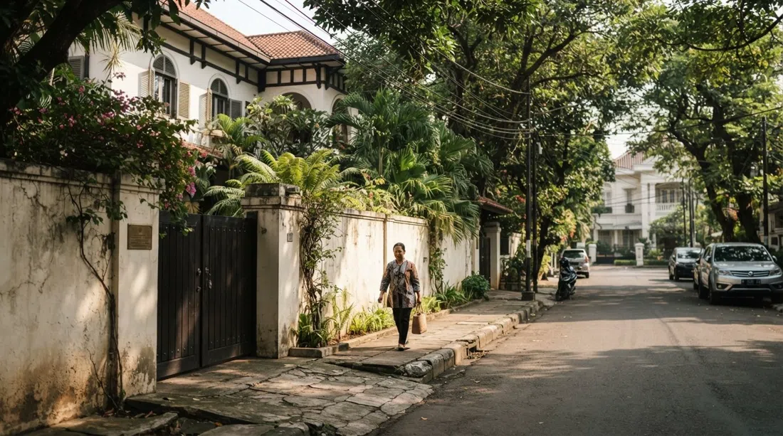 a quiet Menteng residential street near Jalan Teuku Umar, embassy villa facade behind a wall, dappled shade and a nearly empty pavement