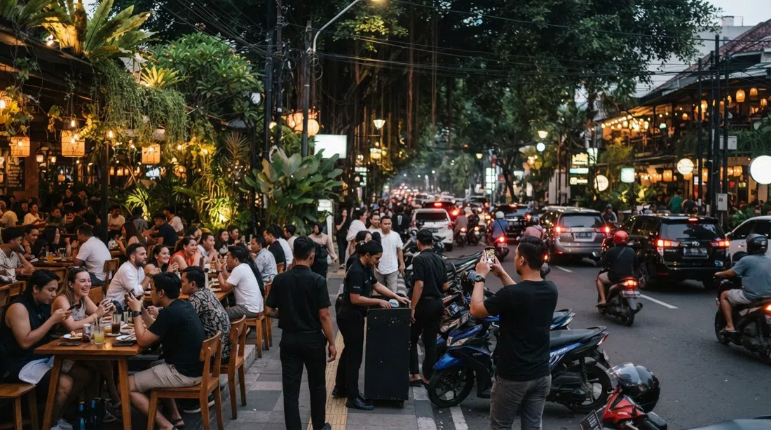 Jalan Senopati at dusk, valet lines and restaurant terraces glowing under banyan shade, with traffic and camera phones capturing the strip’s busy dinner rush