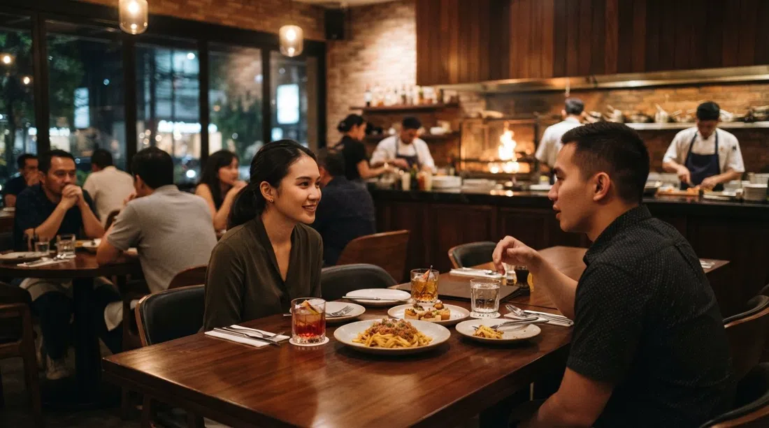 Pantja on Jalan Senopati at night, open-fire kitchen glow visible through the dining room, with cocktails and handmade pasta plates on a polished table