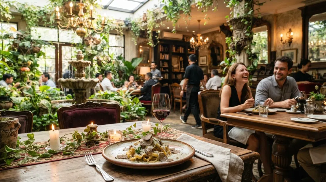 The Garden Osteria on Jalan Suryo, lush Italian dining room with chandeliers, fountain detail and a plated truffle tagliatelle on the table