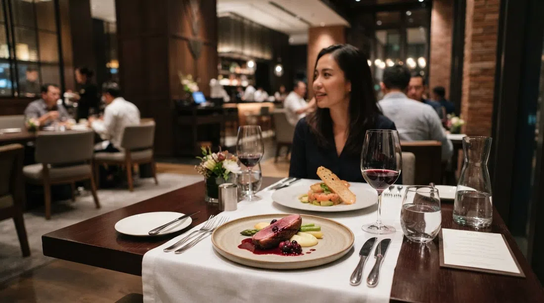 Vong Kitchen inside Alila SCBD, elegant fine-dining plates on a crisp table setting with the hotel’s polished interior in soft light
