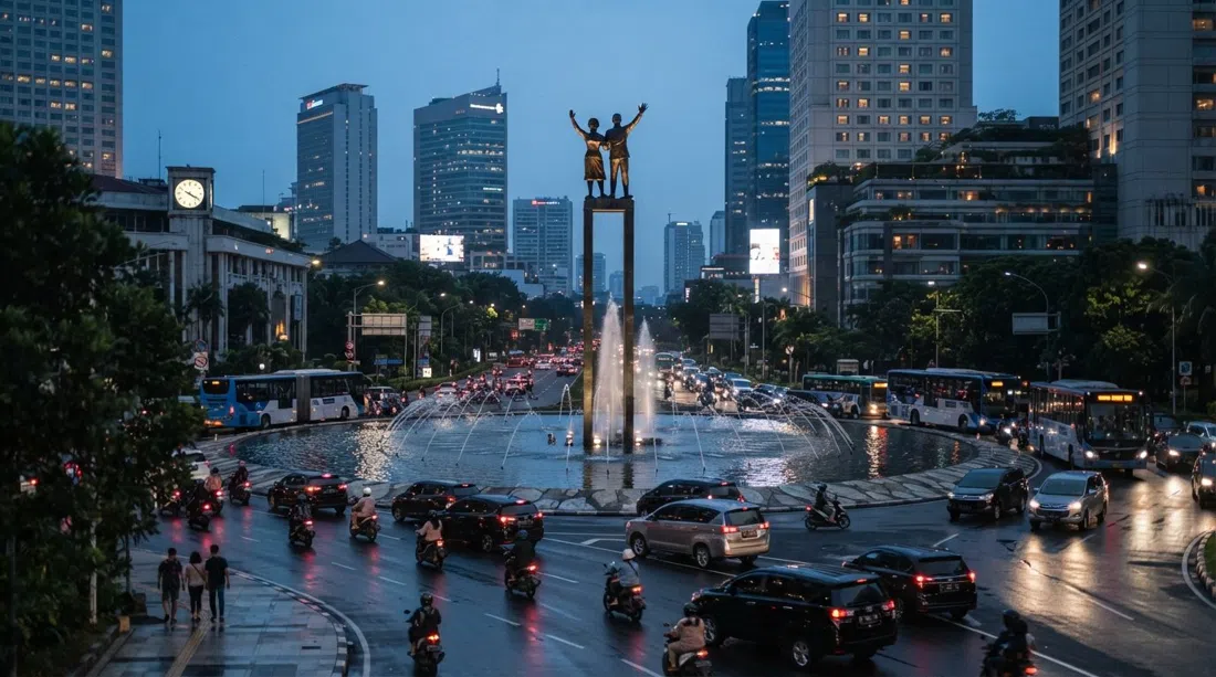 the Selamat Datang Monument at Bundaran HI at dusk, bronze figures waving above the fountain pool with traffic circling below and tower lights beginning to reflect in the water