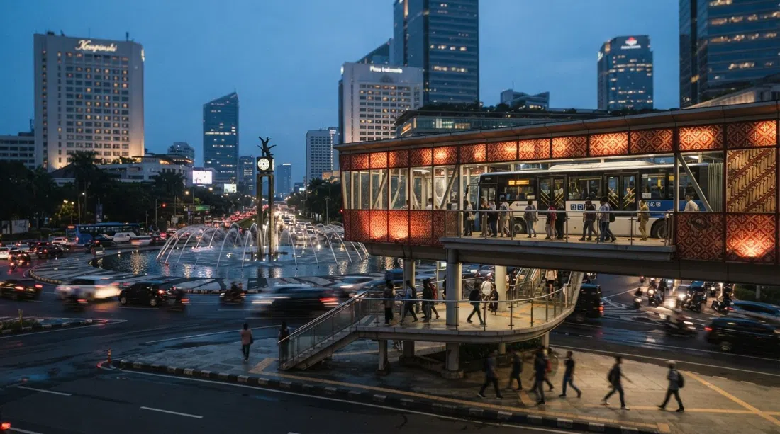 the batik-patterned two-level TransJakarta stop above Bundaran HI at dusk, its red-and-gold geometry lit against the fountain and surrounding traffic