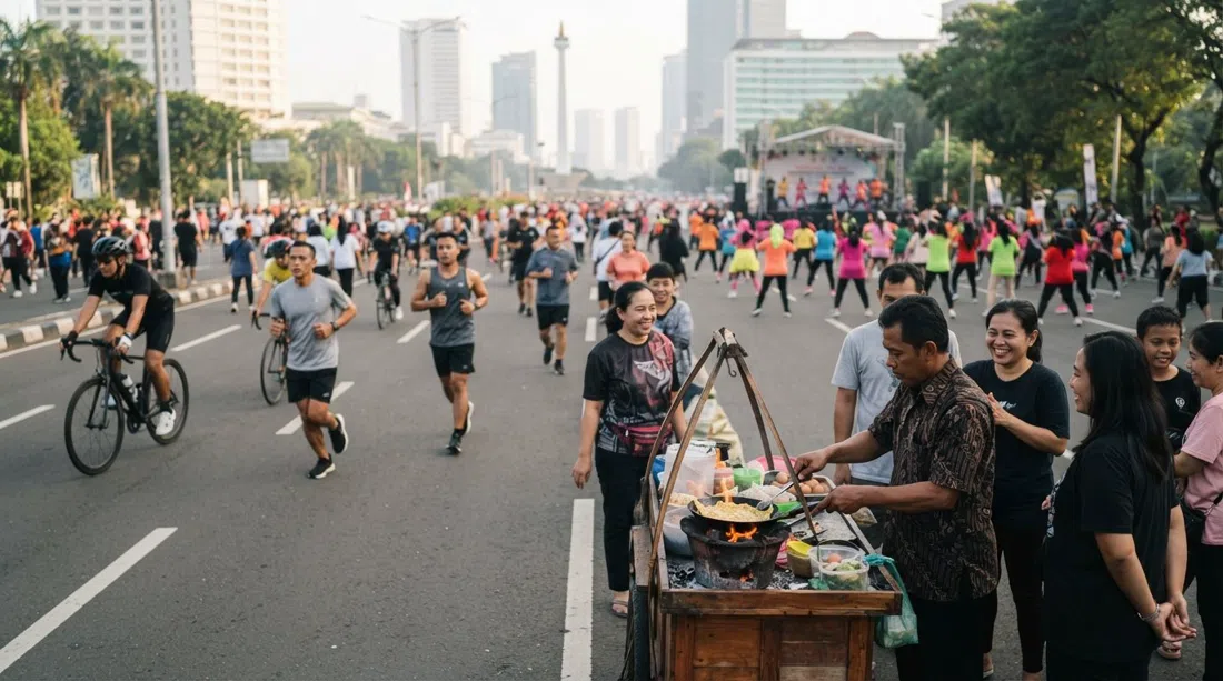 Sunday Car-Free Day on Thamrin boulevard in the early morning, runners, cyclists and aerobics groups sharing the road beside a cart frying kerak telor over charcoal